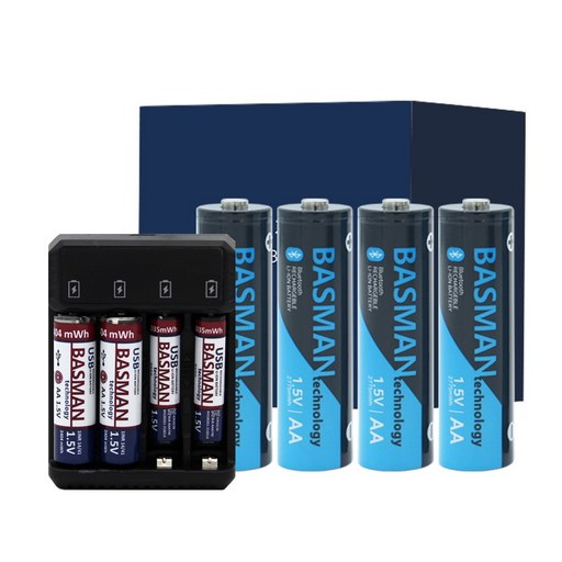 바스맨 3세대 스마트 블루투스 충전식 건전지 리튬이온 배터리 AA 4개입 + 전용충전기 번들 (1970mAh)