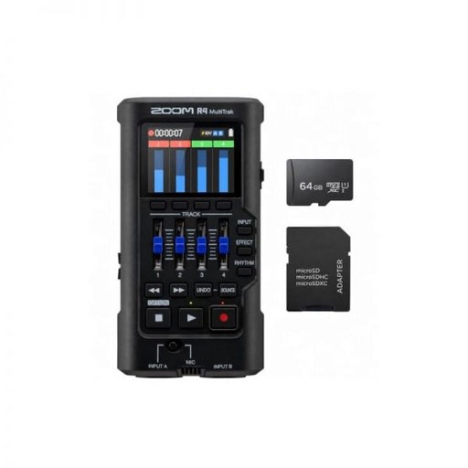 2개의 XLRTRS 콤보 입력 32비트 플로트 스테레오 바운싱 내장 마이크 이펙트 리듬 배터리 구동 USB 오디오 인터페이스를 갖춘 음악가용 Zoom R4 멀티트랙 레코더