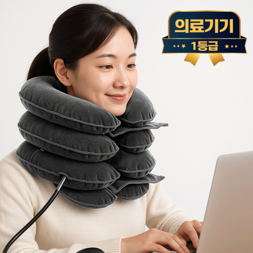 라이프엠디 의료용 4단 목견인기 교정기 그레이 경추 견인 거북목 일자목 자세 교정 에어 튜브 수직 견인기 수동 펌프 공기주입식 기구 1등급 의료기기