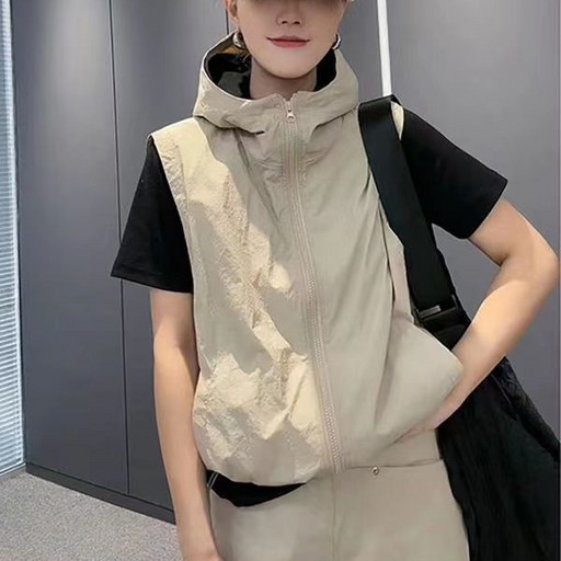 슬림소녀 여성용 여름 민소매 후드집업 데일리 야상 캐주얼 루즈핏 경량 바람막이 조끼 자켓
