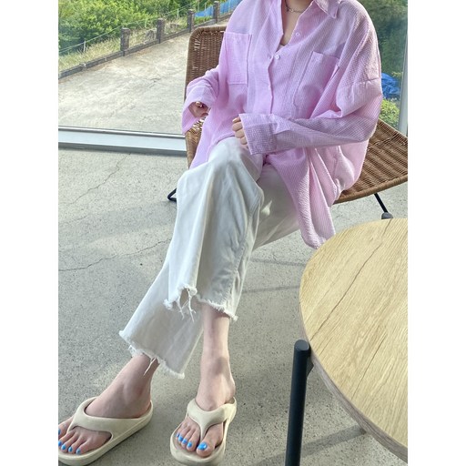 겟앤그로 여성 빅사이즈 오버핏 여름 통기성 시어서커 스트라이프 셔츠