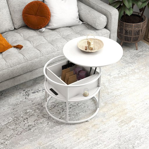 OURLIVE 리프트업 수납 원형 소파테이블, 화이트