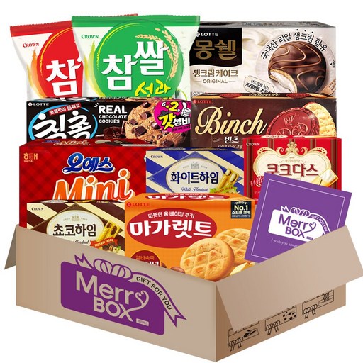 메리박스 탕비실 과자세트 1호(초코하임+화이트하임+쿠크다스+칙촉+빈츠+참쌀설병+선과+오예스+마가레트+몽쉘)+메세지카드