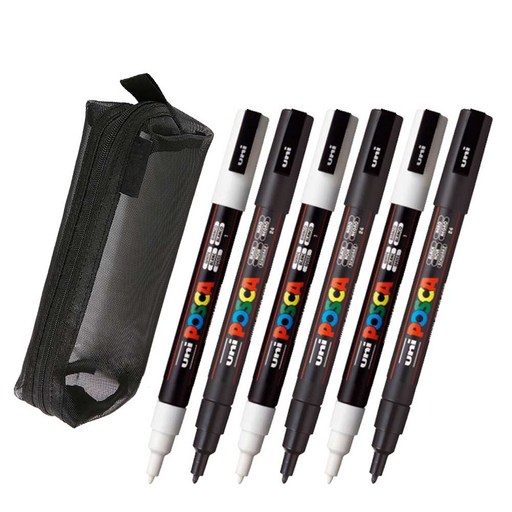 유니 posca 포스카 마카 펜 흰색 블랙 라운드메쉬필통 세트상품 (1M/3M/5M/8K)