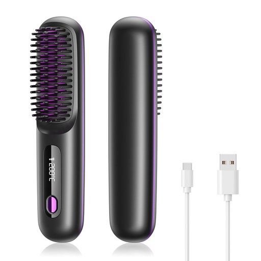 무선 빗고데기 음이온 브러쉬 헤어 스타일러 3단계 온도조절 매직기 휴대용, 블랙
