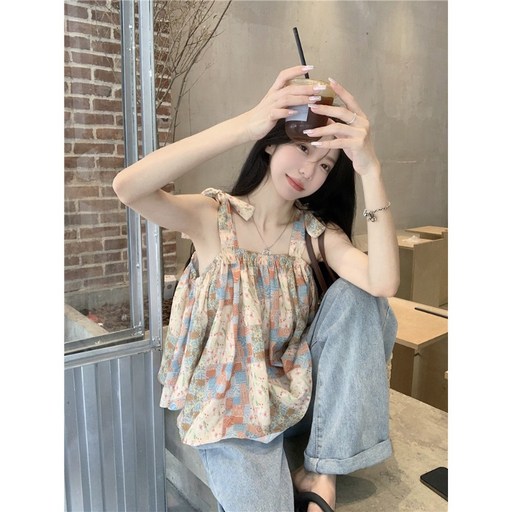 해피유통 여름 캐주얼룩 패치워크 나염 리본 스트랩 나시 블라우스 루즈핏 민소매M05
