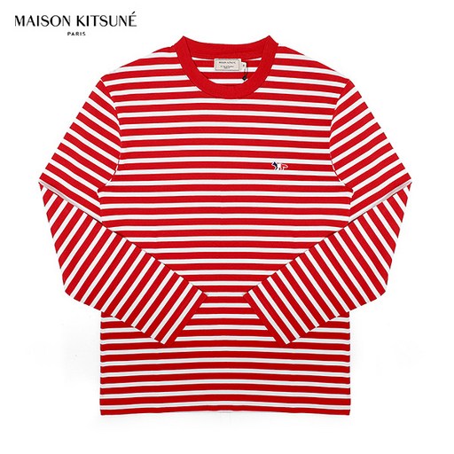 [메종키츠네 MAISON KITSUNE] 20FW FU00115KJ0044 REWH 트리컬러 폭스 패치 클래식 마린 스트라이프 공용 긴팔 티셔츠 레드