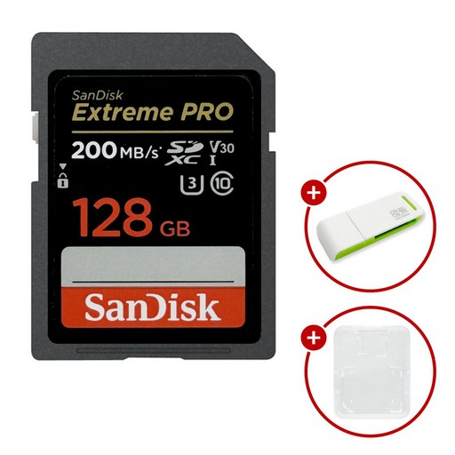 샌디스크 익스트림 프로 SD메모리카드 Extreme PRO UHS-I 128GB + SD카드 케이스 & 이엘 연두 SD카드 리더기