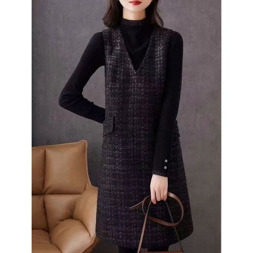 에버리씽 여성 트위드 브이넥 민소매 미디 조끼 원피스 Q21695