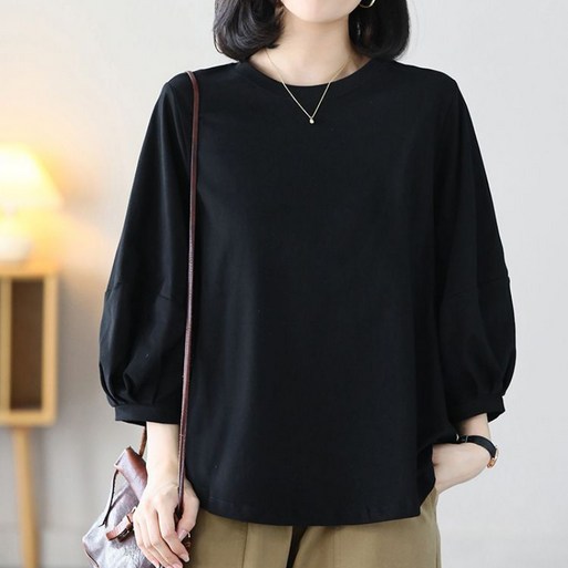 SAHINER 여성 7부 소매 라운드넥 벌룬티셔츠 데일리 캐주얼룩 BTX59
