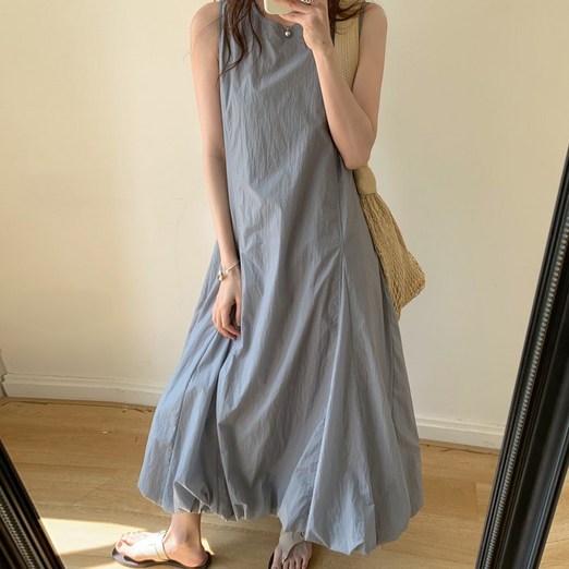 스테인 나이롱 벌룬 바스락 나시 롱 원피스