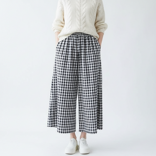 마켓피아 여성용 캐주얼 격자 체크 와이드 팬츠