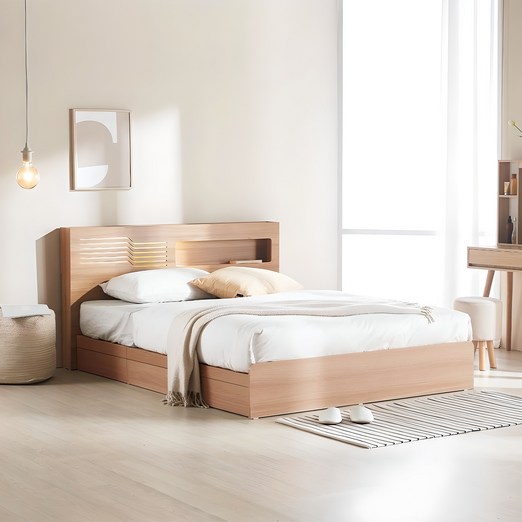 파로마 레아 LED 멀티수납침대 프레임  독립 매트리스 세트 방문설치, 오크