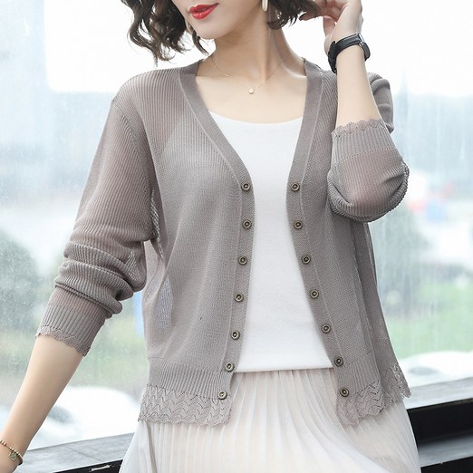 ASURE 여자 얇은 브이넥 니트 카디건 쇼트 아이템 자외선 차단 의류