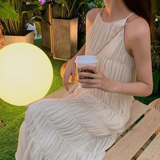 여름 휴양지 비치룩 캉캉 나시 쉬폰 프릴 롱 원피스 바캉스원피스 호캉스룩