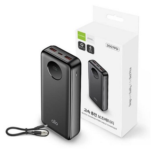 알로코리아 23W 고속충전 보조배터리 20000mAh + C타입 케이블 멀티단자 세트, allo2007PD, 블랙