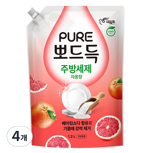 피죤 퓨어 뽀드득 주방세제 자몽향, 4개, 1L