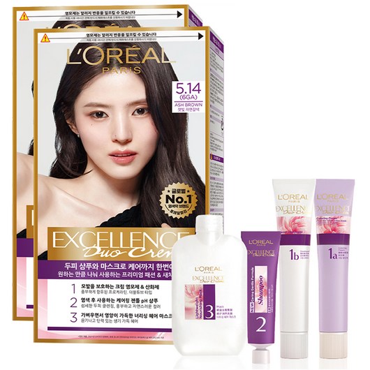 로레알파리 엑셀랑스 듀오 크림 염색제, 5.14 잿빛 자연 갈색, 2개