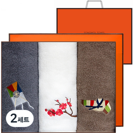 송월타월 고운자수 타월 3p 150g 면사 + 쇼핑백 선물세트, 혼합색상, 2세트