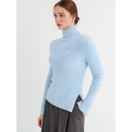 LOOKAST 리지 슬릿 터틀넥 니트 탑 블루 / LIZY SLIT TURTLENECK KNIT TOP BLUE