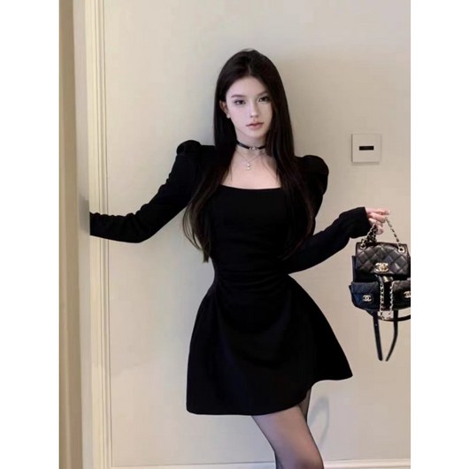 [BINIWU]오피스룩 허리 조임 슬림핏 빈티지 스퀘어넥 원피스 A라인 쇼트
