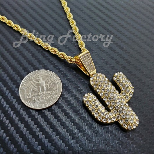 Gold Plated Alloy Iced Cubic Zirconia Cactus Pendant & 24 Rope Chain Necklace 252835
