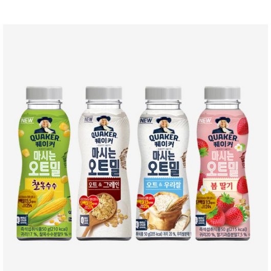 칠성 탑티어 선식 쉐이크 아침식사대용 퀘이커 마시는 오트밀 4종(그레인 우리쌀 찰옥수수 봄딸기 각한개) 건강식 간편식 식단조절 식사대용 50G 4개, 22세트