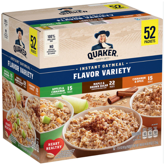 [미국직구] 퀘이커 인스턴트 오트밀 버라이어티 팩 (52개), 1세트