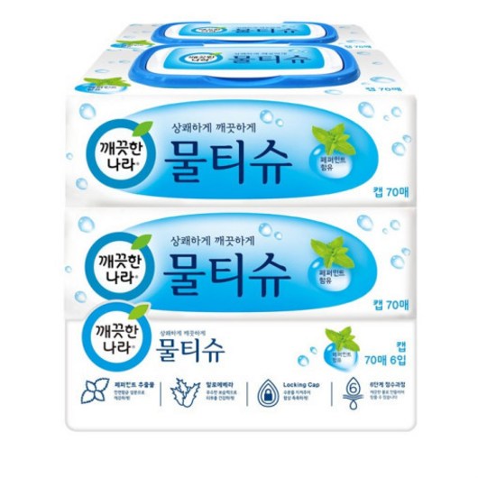 깨끗한나라 페퍼민트 물티슈 캡형 70매입 (6개입), 70매, 6개