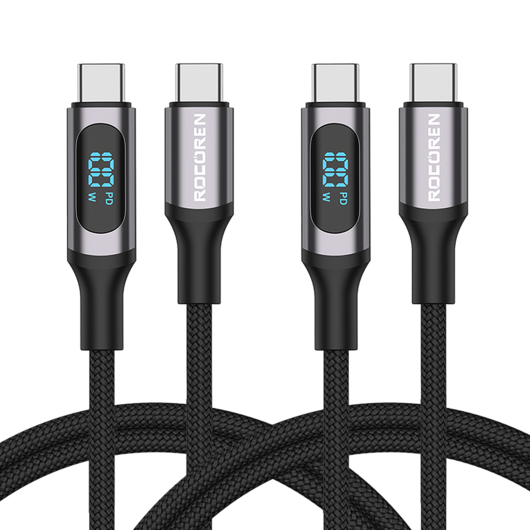 ROCOREN PD 100W 디지털 디스플레이 고속 충전 type- C 케이블 C-C 데이터 전송 케이블 알루미늄 합금 재질, 2개, Black, 1000mm