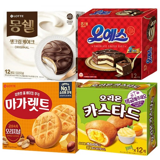 씩씩가게 마가렛트 352g + 오예스 360g 카스타드 276g 몽쉘생크림 384g 인기파이 4종묶음 파이묶음 과자파이 골라담기, 1세트, 1kg