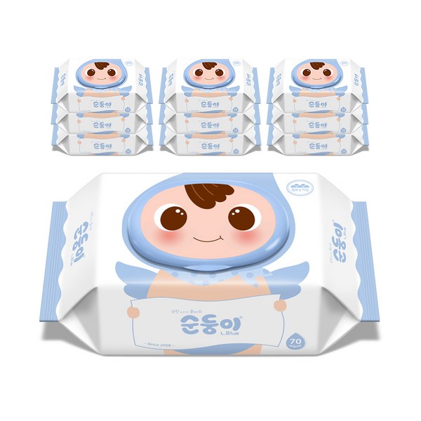 순둥이 오리지널 플러스 엘블루 아기물티슈 캡형 75평량, 75g, 70매, 10팩