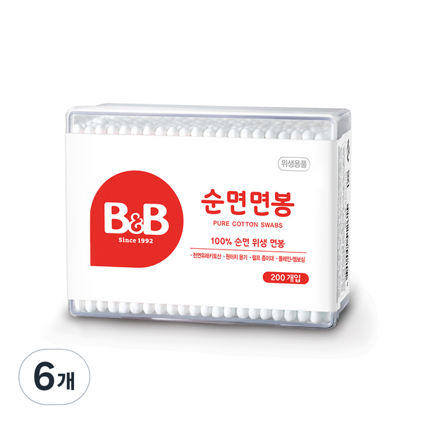 비앤비 유아용 면봉 사각, 200개입, 6개