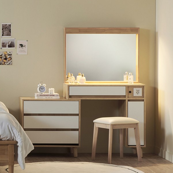  도노 LED 확장형 사각 거울 + 화장대 방문설치, 오크화이트 