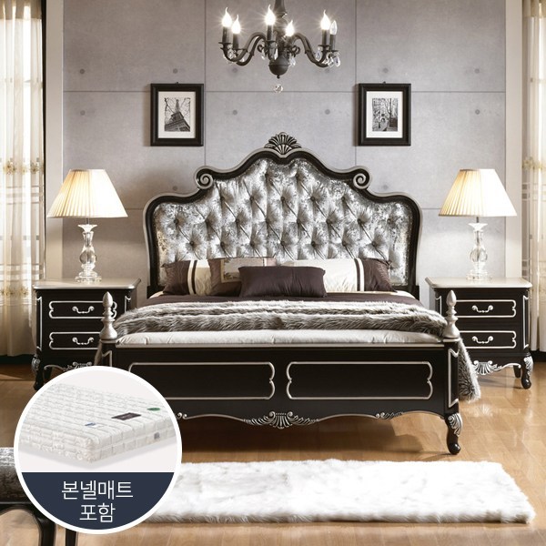 유캐슬 로젠 블랙 엔틱 원목 벨벳 침실세트A (퀸침대+2단협탁+매트리스), 블랙+실버