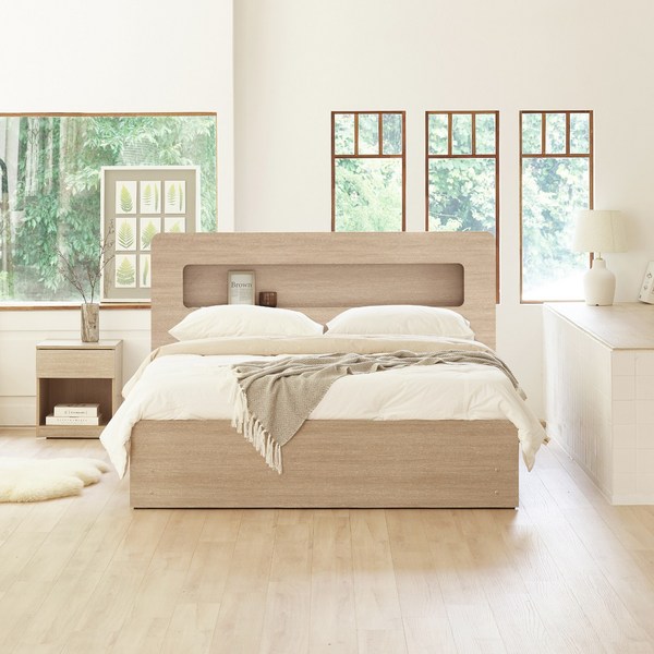  레이 3단 멀티 서랍형 LED 침대 매트리스 세트 싱글 슈퍼싱글 더블 퀸, 레이 3단 수납형 [오크] 싱글, 파워본넬 자가드 매트 