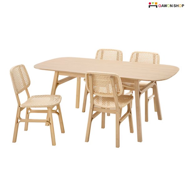 이케아 VOXLOV 둥근 모서리의 대나무 식탁세트/4인용식탁, 테이블1개+의자4개, 수량:테이블1개+의자4개