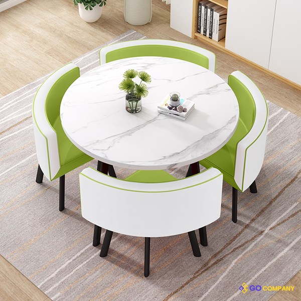 [GoCo] 감성 인테리어 4인용 티 테이블 세트 원목 의자포함 식탁 원형 카페 둥근모서리, 원형-마블화이트/모던체어-화이트라임