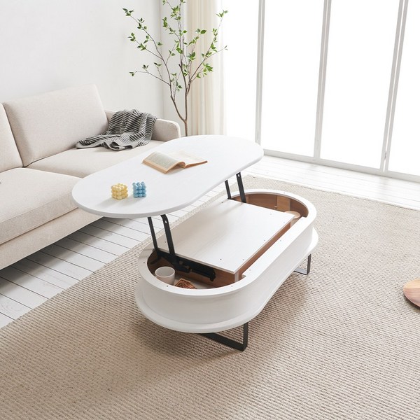  청사초롱 타원형 높이조절 리프트 테이블 서랍형 거실 소파 유압식 리프트업 쇼파 좌식 티 테이블 1200 (착불상품), 화이트 
