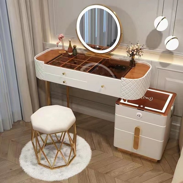 수납거울 화장대, A01/원형거울+백색+수납장+스마트거울+의자(K), 100cm
