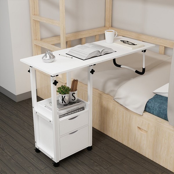 월로덴 이동식 C형 접이식 사이드 테이블 침대 소파 높낮이 조절 다용도 책상, 화이트 + 화이트 프레임, 서랍형