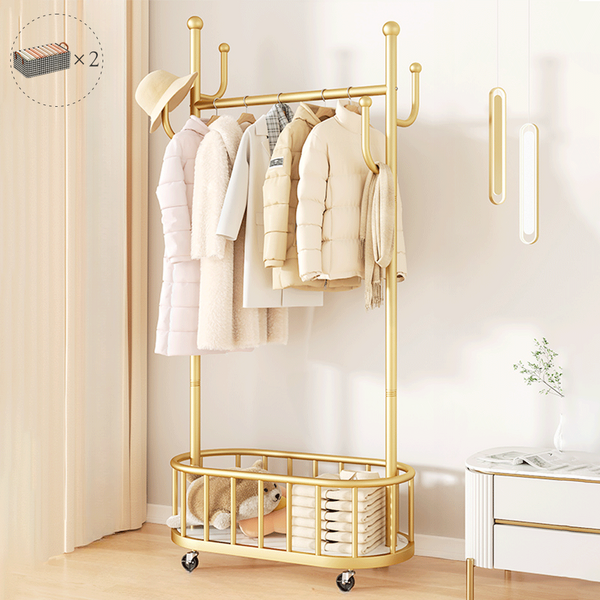  히티야 철제 이동식행거 의류행거 튼튼한 옷걸이 행거 매장용 코트걸이 미니 행거 선반 원룸 프리미엄, 골드 