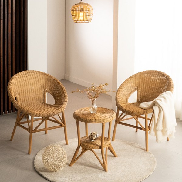 [한정수량 추가할인쿠폰] 에보니아 라탄 이본 T세트(티테이블세트)/테이블1+의자2/방석제외, 내추럴