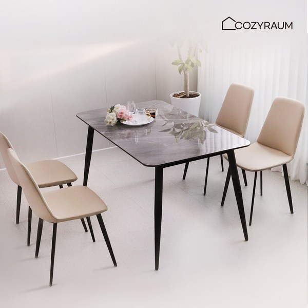 코지라움 12T 포세린 통 세라믹 식탁세트 4인용 테이블 1400 의자4개포함 울림소음방지 방문설치, 연그레이유광