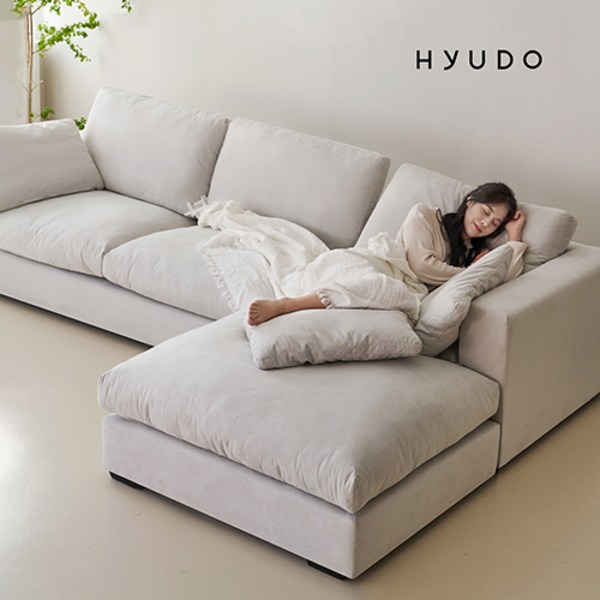 [무료배송+무료설치] 휴도 시월의 동백 구스 아쿠아 패브릭소파 4인쇼파 푹신한 소파 화이트 (쿠션 증정), 크림그레이