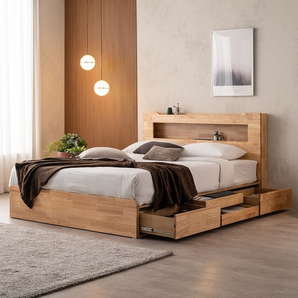 동서가구 이즈 테디 LED 원목 4단 수납침대 슈퍼싱글 퀸, 내추럴