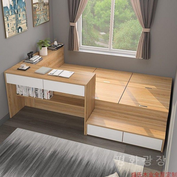 원룸 벙커 침대 저상 어른 낮은 책상 계단형 일체형, 조립된 상자 침대, 침대+침대헤드보드+책상+발판