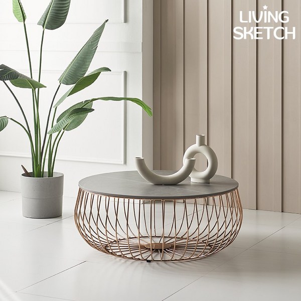 [리빙스케치]비앙뜨리 800 원형 그레이 포세린 세라믹 소파테이블 로즈골드 거실테이블, 블랙 로즈골드