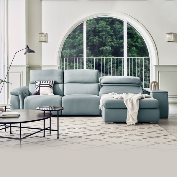 [다우닝] [상품권증정] 시네마 4인 카우치 전동 리클라이너 전체 통가죽 소파(한방향), 색상:진그레이 / 카우치 방향:좌형