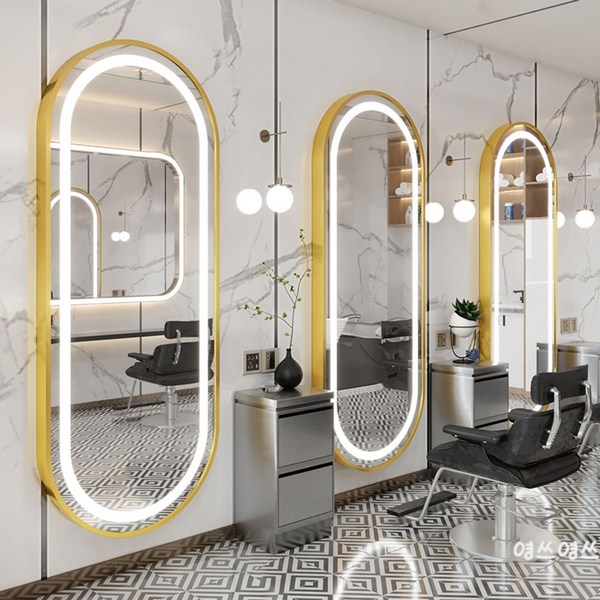 미용실 경대 전신거울 벽걸이 고급 조명 이발소 바버샵 헤어샵 메이크업, -, 아치형 골드테두리(70x170)